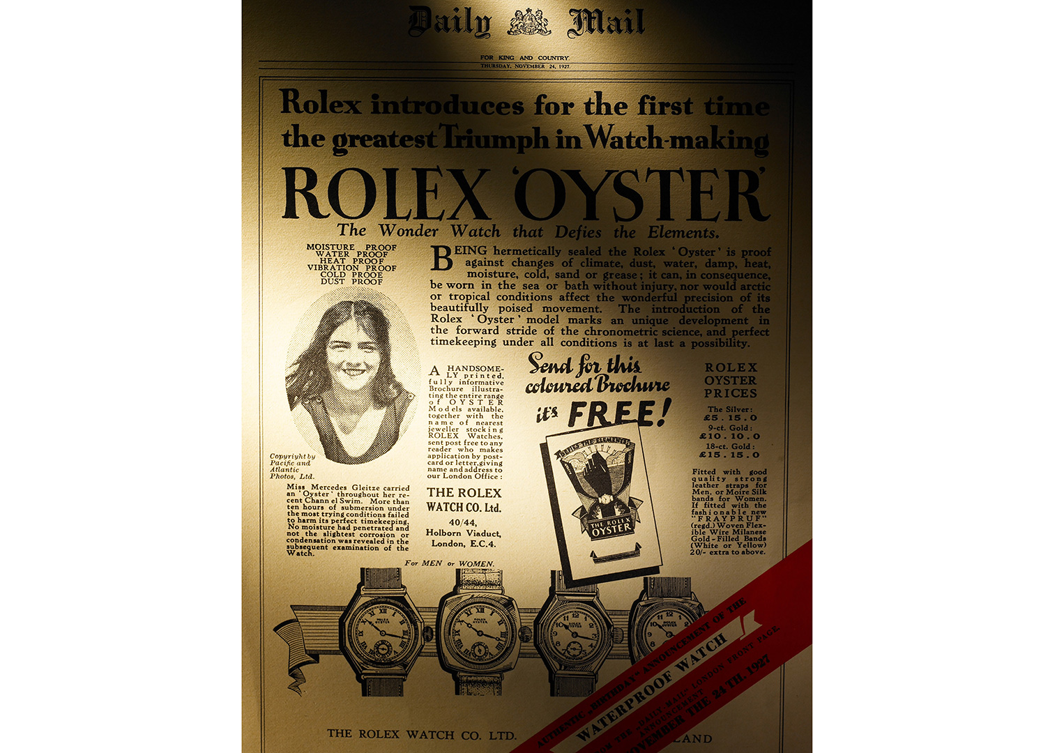 The Daily Mail advert promoting the Oyster watch and its water resistance